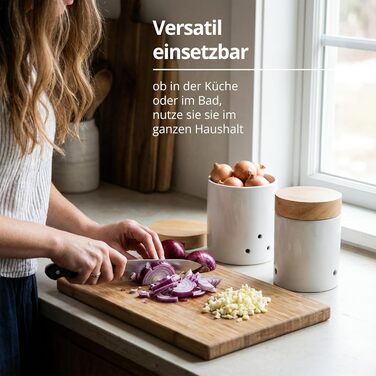 Контейнери для зберігання цибулі та часнику, керамічні, білі з дерев&39яною кришкою та бамбуком, круглі, у вінтажному сільському стилі, набір горщиків для цибулі та часнику, глянцеві, без етикетки