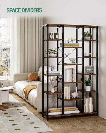 Книжкова полиця Hzuaneri, стояча полиця з 6 рівнями та 15 полицями, регульовані відкриті полиці, для вітальні, офісу, спальні, 30 x 100 x 170 см, вінтажний коричнево-чорний, BC15001B 30 x 100 x 170 см вінтажний коричнево-чорний