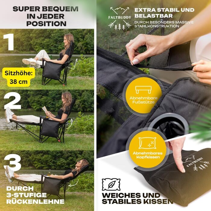 Складане крісло для кемпінгу та крісло-відкидка 2-в-1 180 кг Чорний Сумка-холодильник XXL Складане крісло I Складане крісло I Рибальське крісло Шезлонг для кемпінгу Пляжний шезлонг Складаний Легкий - Рибалка Пляж Фестиваль Відкритий