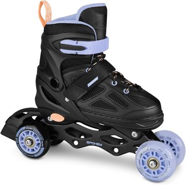 Набір SPOKEY Quattro 4-в-1 Роликові ковзани/Роликові ковзани/Трискейти/Ковзани для льоду, РЕГУЛЬОВАНІ для дітей та підлітків Роликові ковзани, що трансформуються в роликові Розміри 30-33, 34-37, 38-41 Чорний/Фіолетовий 38-41