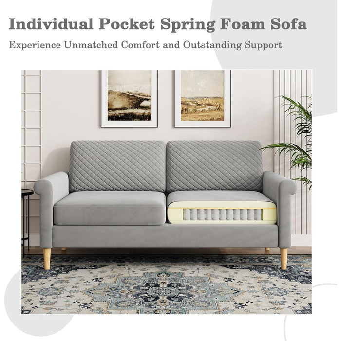 Оксамитовий диван Vesgantti, 2-місний, 164 см диван з кишенями з обох боків, 2-місний диван з 2 подушками та підлокітниками, двомісний диван для вітальні, спальні, офісу, складання без інструментів, 164Д*76Г*85В см, оксамит, сріблясто-сірий