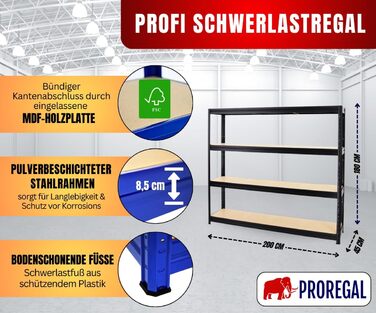 Надміцний стелаж Dino Extra Wide 180x200x45 см, Вантажопідйомність полиці 500 кг, Чорний, Гаражні стелажі, Стелажі для зберігання, Безболтові стелажі, Широкопролітний стелаж 180x200x45 см Чорний Панелі МДФ 6,5 мм