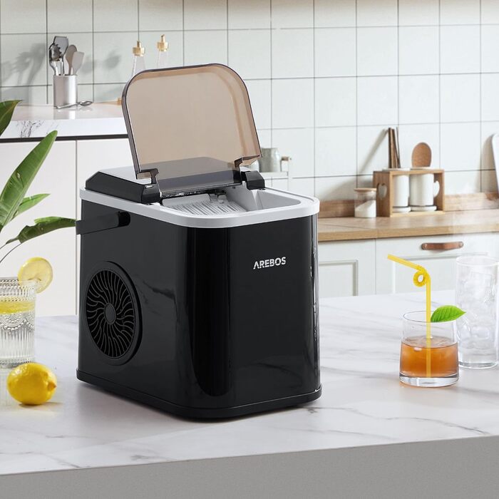 Машина для виробництва кубиків льоду Arebos Льодогенератор 12 кг / 24 год Час виготовлення 10-15 хвилин Резервуар для води 1,1 літра Льодогенератор Тихо Функція самоочищення Чорний