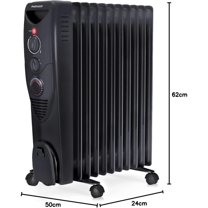 Енергозберігаючий масляний радіатор Pro Breeze потужністю 2500 Вт - електричний нагрівальний елемент з 11 ребрами, вбудованим таймером, 3 режимами нагріву, регульованим термостатом та функцією безпечного відключення - чорний. Масляний радіатор 2500 Вт - ч