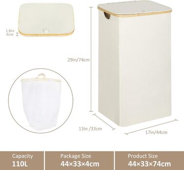 Кошик для білизни з кришкою 110 л, Кошик для білизни зі знімним внутрішнім мішком, що миється, Кошики для білизни для пральні, спа