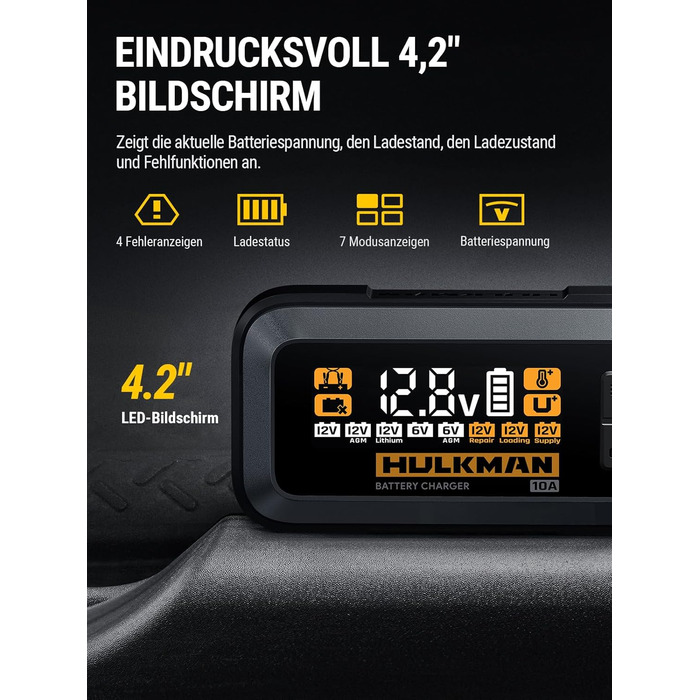 Зарядний пристрій для автомобільних акумуляторів HULKMAN Sigma 10 для акумуляторів 6В/12В зі світлодіодним екраном, крапельний зар