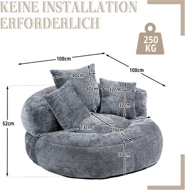 Міцний комфортний шезлонг Lazy Sofa з високою спинкою, крісло-мішок з трьома подушками для дорослих та дітей, для дому та вулиці (сірий)