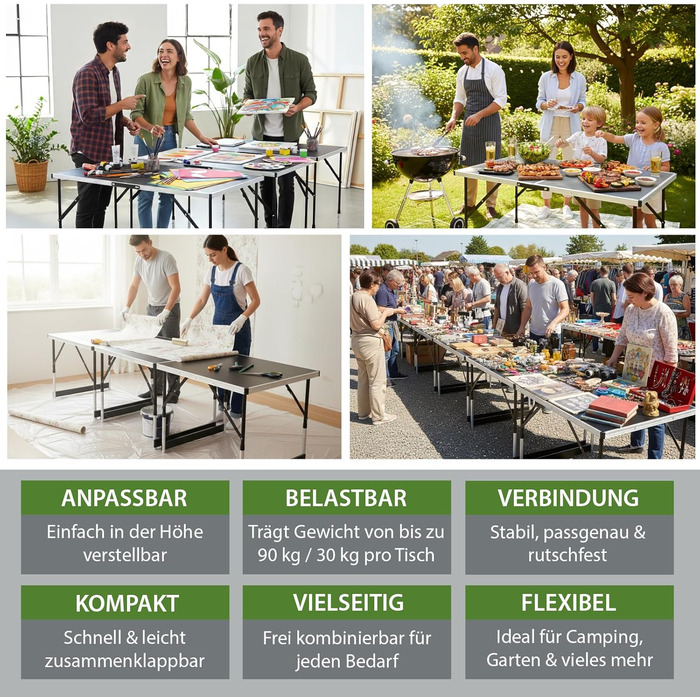 ТРУЦГОЛЬМ Комплект із 3 багатофункціональних розсувних столів, 100x60 см, загальна вантажопідйомність 90 кг, підходить для обклеювання шпалерами, блошиних ринків, кемпінгу, складний, журнальний столик та гриль регульована висота, включаючи з&39єднувачі