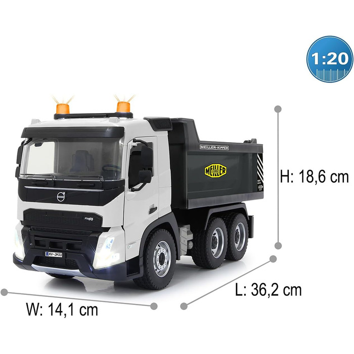 Позашляховий самоскид Volvo FMX Meiller 120 2,4GHz Офіційна ліцензія, звук попередження про рух заднім ходом, протектовані гумові шини, LED підсвічування, підйом/опускання кузова, будівельна техніка