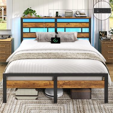 Ліжко 140x200 з металевою рейковою основою, двоспальний каркас ліжка 140x200 см зі світлодіодним освітленням та зарядною станцією (2 розетки змінного струму, 1 порт USB та 1 порт Type-C), металеве ліжко з узголів&39ям, чорно-коричневе, 140x200 см