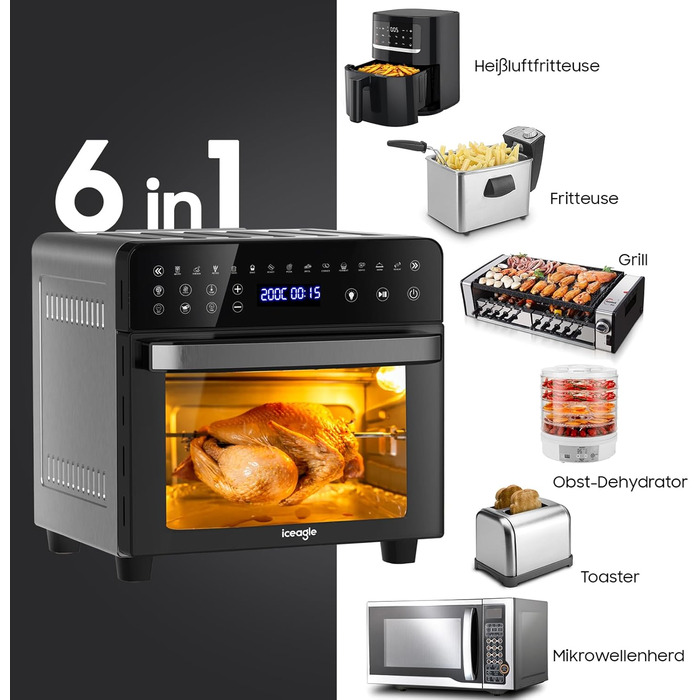 Фритюрниця Iceagle Hot Air Fryer XXL 15 літрів, фритюрниця з 13 програмами, міні-духовка, функція дегідратора, РК-дисплей, з буклетом рецептів та аксесуарами, 1800 Вт 15 л