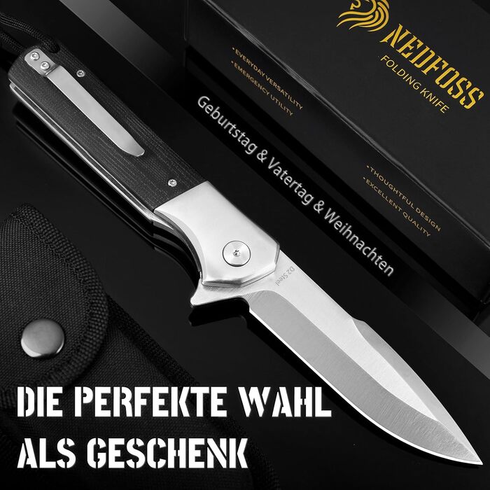 Складний ніж NedFoss BEAST, великий кишеньковий ніж зі сталі D2 10 см з руків'ям G10, гострий одноручний ніж з піхвами та шарикопі