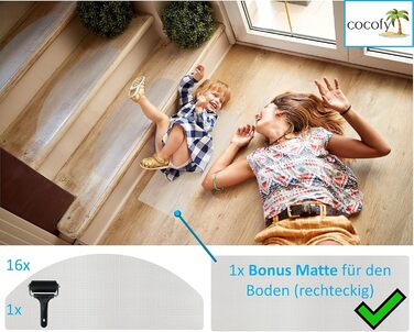 Килимки для сходів Cocofy всередині прозорі 16 шт. XXL (65x25 см), захист від ковзання на сходах, протиковзкі килимки для сходів, сучасні килимки для сходів, зручні для шкарпеток, набір з інструментом для складання, прозорі 65 см x 25 см - напівкруглі