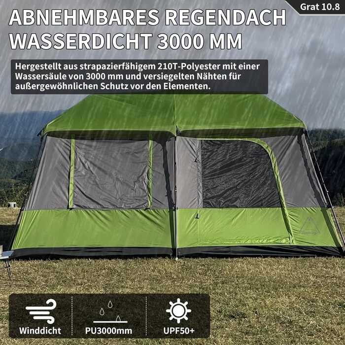 Намет TENPLAY Instant Pop-Up, великий сімейний намет, 2-8 осіб, легке встановлення, Rainfly, 2 кімнати, сумка для перенесення, водонепроникний PU 3000 мм, місткий та повітропроникний, для кемпінгу, пікніків, вечірок
