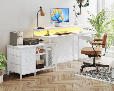 Г-подібний письмовий стіл ODK з шухлядами, кутовий стіл 174x100 см, білий з перевернутою полицею, ігровий стіл зі світлодіодним підсвічуванням та підставкою для монітора, комп&39ютерний стіл, офісний стіл для кабінету або спальні, 174x100 см, білий