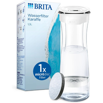 Глек для фільтра для води BRITA, білий (1,3 л), включаючи 1 фільтр для води MicroDisc - стильний, багаторазовий глек для дому, поміщається в дверцята холодильника, зменшує PFAS, хлор, мікрочастинки у водопровідній воді