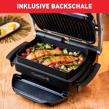 Контактний гриль Tefal OptiGrill & Bake з деком для випікання, 6 програм, індикатор рівня приготування, знімні пластини, електричний гриль, нержавіюча сталь, GC714D10, срібло