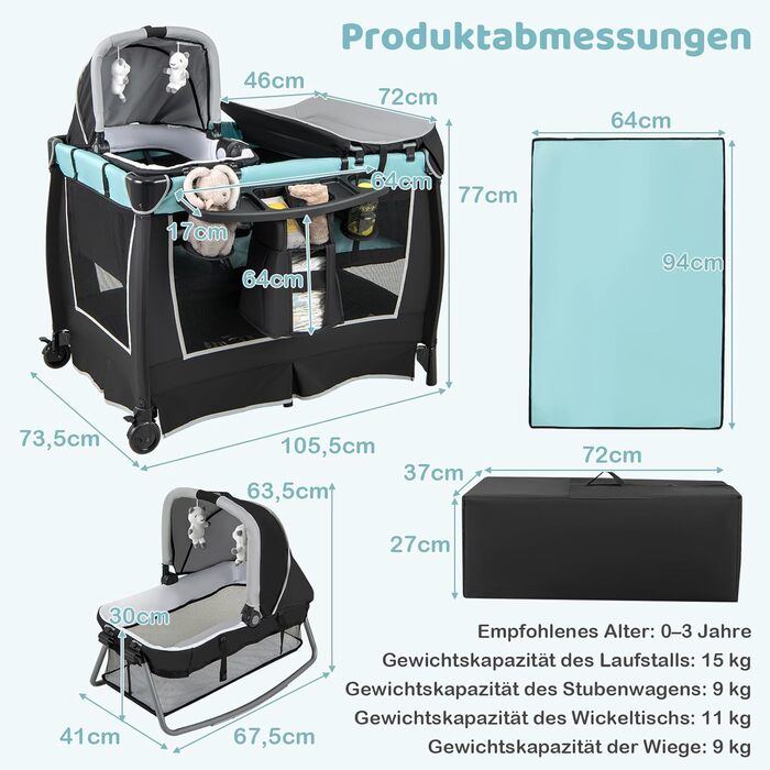 Дорожнє ліжечко з матрацом, дитяче ліжечко 6-в-1, дорожнє ліжечко з колискою, пеленальний столик, сумка для зберігання, музична скринька, підвісні іграшки, колеса, що блокуються, для дітей від 0 до 36 місяців (зелене)