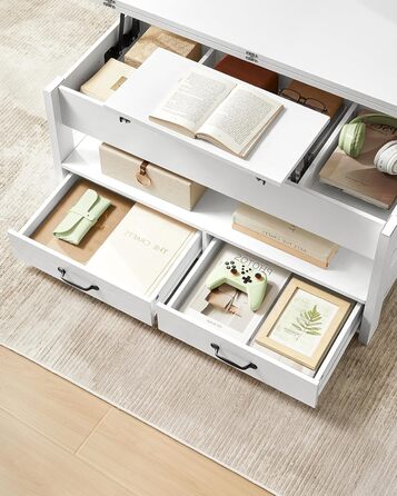 Журнальний столик VASAGLE, стіл для вітальні з регульованою висотою, газовий балон, 2 шухляди та 3 відділення під стільницею, журнальний столик, 1 відкрите відділення, для вітальні, домашнього офісу, білосніжний LCT254W02