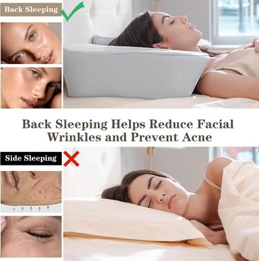 Подушка HOMCA для сну на спині, косметична подушка проти старіння, косметична подушка з піни з ефектом пам&39яті, проти зморшок, підтримує голову та шию, знімна, чохол, який можна прати, сірий