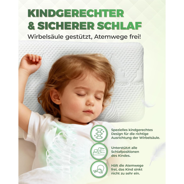 Дитяча подушка Welldora з піни з ефектом пам&39яті 30x50 см ергономічна подушка для дітей (28 років), росте разом з дитиною, дихаючий чохол 3D Tencel, сертифікований Oeko-TEX, безпечний, можна прати та приємно м&39який. Дитяча подушка білого кольору з пін