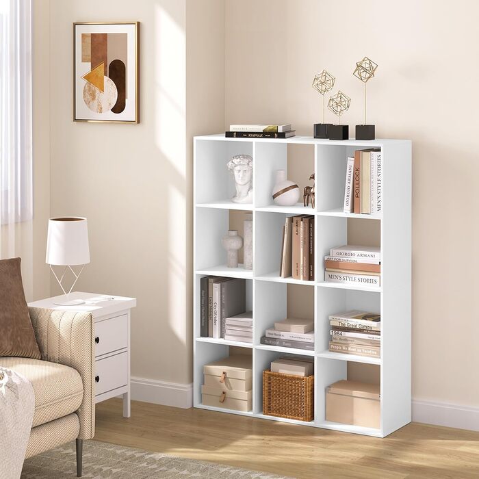 Книжкова полиця eSituro з 12 відділеннями, окремостояча кубічна полиця, відкрита полиця-перегородка для кімнати, сучасна стояча полиця, для вітальні, дитячої кімнати, офісу, спальні, 9120x29 см, білий