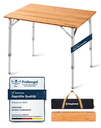 Складаний кемпінговий стіл KingCamp з бамбука, регульована висота (45/52/65 см) для 4-6 осіб, складний кемпінговий стіл з сумкою для перенесення, вантажопідйомність до 80 кг, 100 x 65 см, 3 фіксовані рівні висоти 100 x 65 см