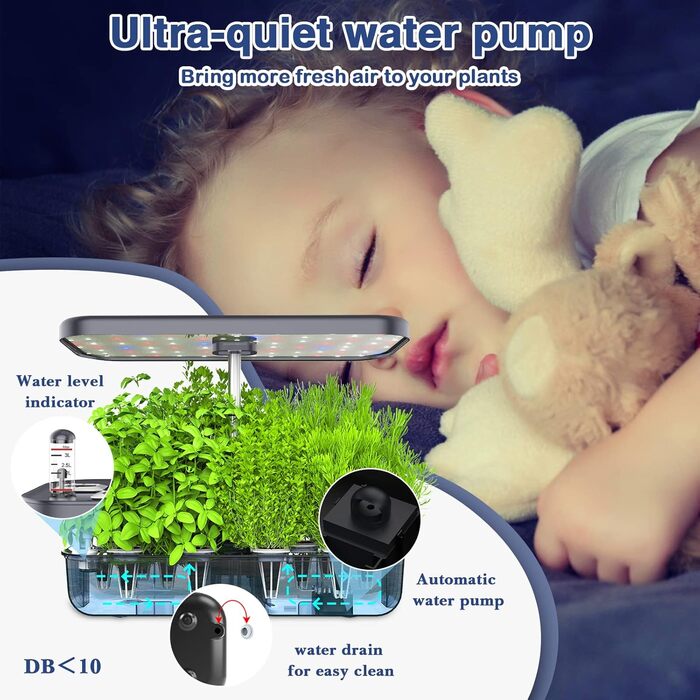 Гідропонна система вирощування Yoocaa 12, садовий набір для кімнатних трав зі світлодіодним освітленням, розумний сад для дому, кухні, набір для проростання з автоматичним таймером, сірий (сірий)