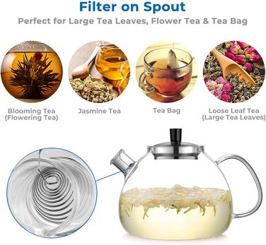 Скляний чайник ECOOE з ситечком для чаю 1500 мл, скляний чайник, прозорий, термостійкий, зі знімним ситечком для чаю з нержавіючої