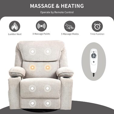 Крісло-гойдалка з функцією масажу, крісло для телевізора з функцією відкидання, вібрація, підігрів, товста спинка та підлокітники, масажне крісло з функцією гойдання, поворот на 360, бежевий