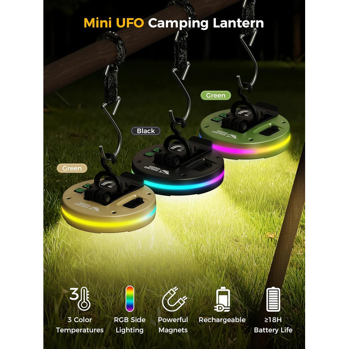 Ліхтар для кемпінгу Smiling Shark CL01, портативний світлодіодний ліхтар для кемпінгу, акумуляторний, магнітний із затискачем, різьба та гачок 1/4 дюйма, 3 колірні температури та бічне світло RGB для кемпінгового аварійного рюкзака (чорний)
