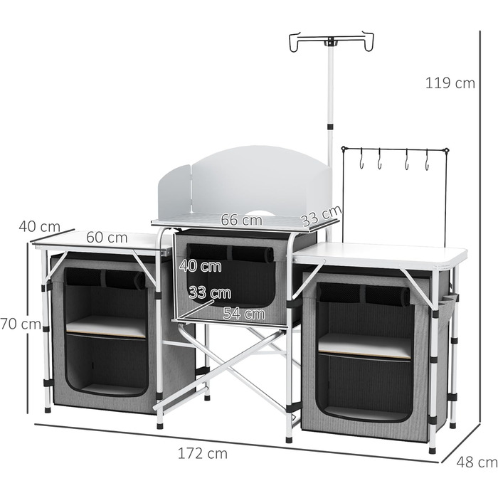 Кухня для кемпінгу Outsunny, складна шафа для кемпінгу з алюмінієвою рамою, підставка для світла, кухня для кемпінгу з відділеннями для зберігання, робоча поверхня, вітрове скло, кухня для подорожей, кухонна шафа для кемпінгу та подорожей на відкритому по