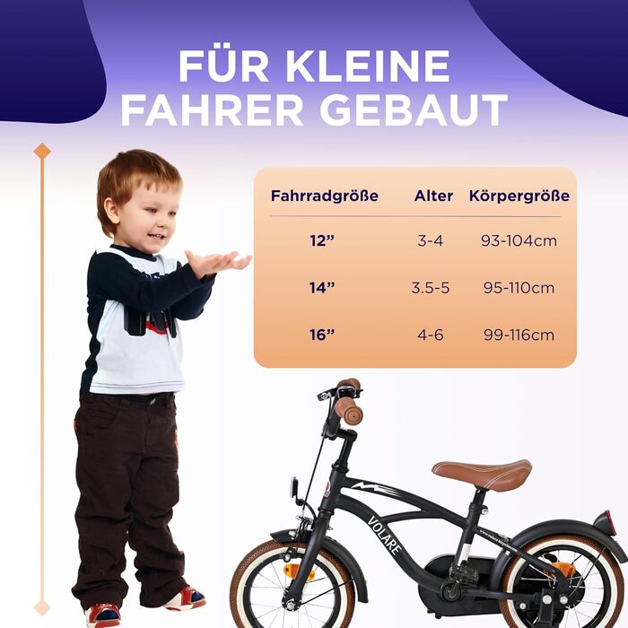 Дитячий велосипед Volare Black Cruiser 12 35 років Ручне та ножне гальмо, знімні бічні колеса, захист ланцюга та світловідбивачі Регульоване сідло Подарунок для дівчаток та хлопчиків