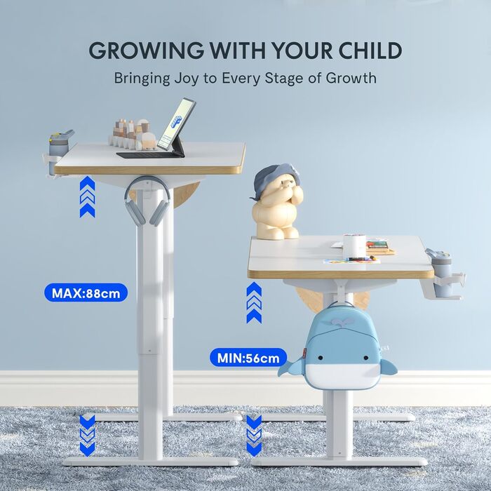 Дитячий письмовий стіл FLEXISPOT, з електричним регулюванням висоти, для дітей віком від 6 років, зі світлодіодним дисплеєм висоти, 3 положеннями пам&39яті, блокуванням від дітей та ергономічною стільницею, 110 x 52 см, білий
