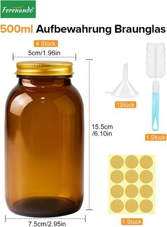 Набір скляних банок для зберігання, 4 предмети, банки з бурштинового скла об&39ємом 500 мл з кришками, герметичні, з етикетками та лійкою, вологозахисні пляшки з бурштинового скла для зберігання спецій, трав, чаю, кави, горіхів, 4 x 500 мл
