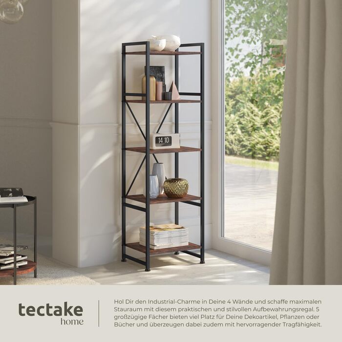 Книжкова полиця tectake Industrial Design, Відкритий стелаж з 5 полицями, Вінтажна окремостояча полиця із захистом від перекидання, Вузька полиця для офісу, вітальні, кухні, 47,5x34,5x151,5 см - Темне дерево в індустріальному стилі, Рустикальний темно-кор
