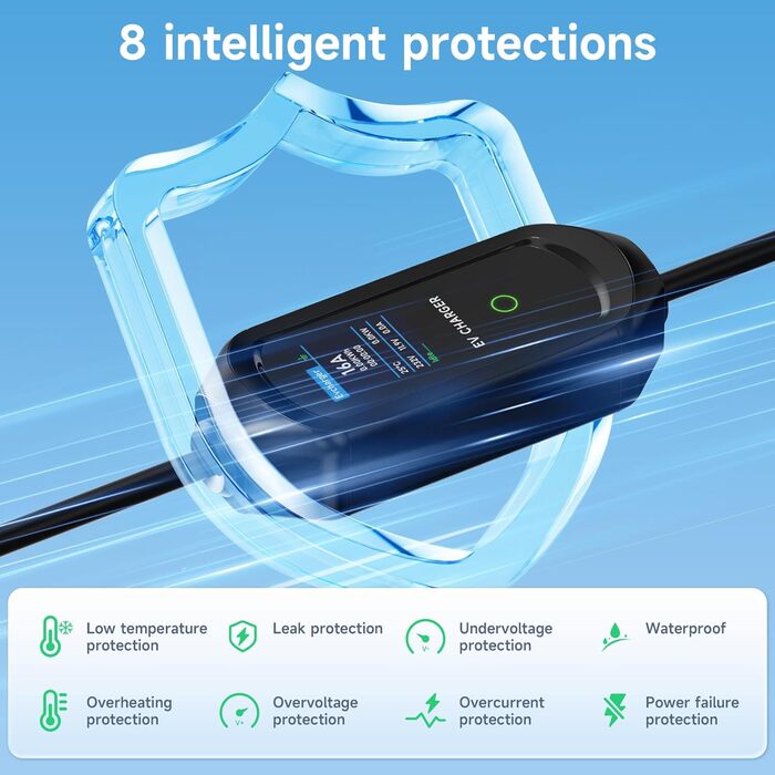 Зарядний кабель AFYEEV 6м тип 2, зарядний кабель 3.6кВт тип 2 Schuko, зарядний кабель електромобіля тип 2 Schuko, регульований стр