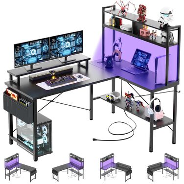 Г-подібний ігровий стіл з розетками та світлодіодним підсвічуванням, невеликий Г-подібний стіл, кутовий комп&39ютерний стіл з підставкою для монітора та полицею, з сумкою для зберігання, чорний