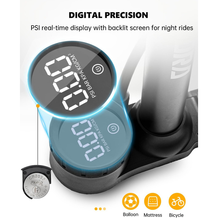 Велосипедний насос VOGORA, підлоговий, 16.5 дюймів (~42 см), 11 бар / 160 PSI, інтегрований циліндр (сталь), чорний