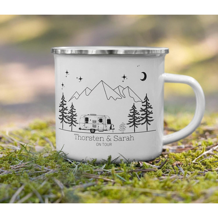 Емальована кружка, ретро-стиль, кемпінговий посуд для каравану/кемперу, персоналізована кемпінгова кружка з назвою, кавова кружка, аксесуар для автофургона/кемперу, кружка з нержавіючої сталі, подарунок для кемперів