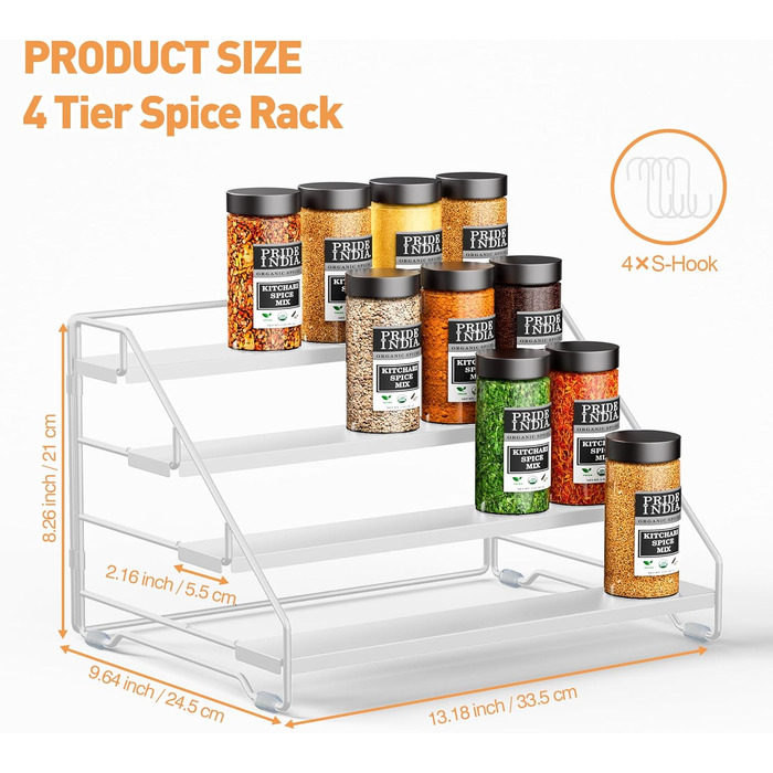 Рівнева підставка для спецій, металева підставка для спецій, регульована без свердління, тримач для спецій, органайзер для підставок для спецій для кухні, шафи та стільниці, компактна кухонна полиця (біла), 4-