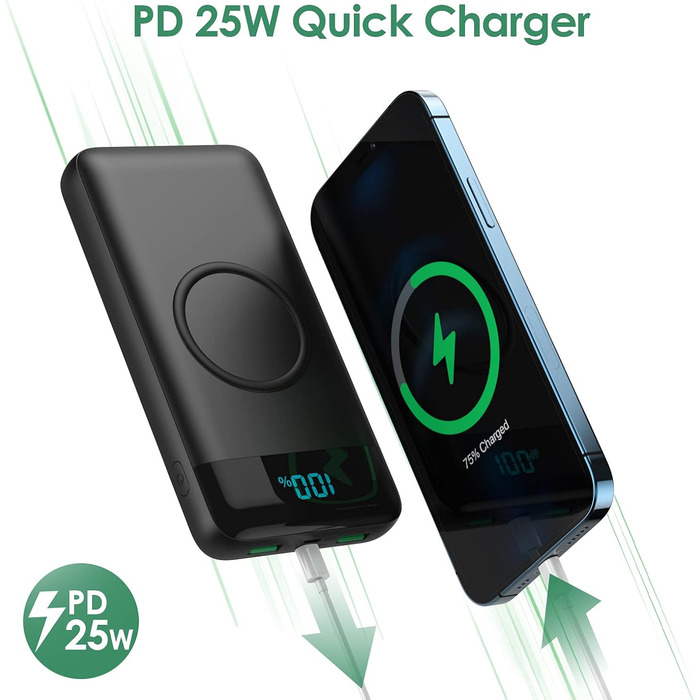 Бездротовий Powerbank 26800mAh, швидка зарядка 25W PD3.0 QC4.0, 15W, 4 виходи USB C,  з РК-дисплеєм