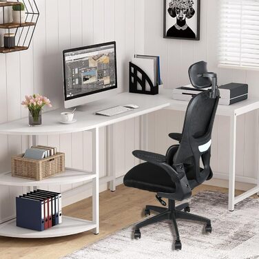 Ергономічне офісне крісло OHMG, офісне крісло з сітчастої тканини, поперекова опора та сидіння з регульованим кутом нахилу, підголівник, регульовані підлокітники, поворотні колеса на 360, вантажопідйомність 200 кг (чорне, 125 x 65,5 x 64 см) Чорний - 125 