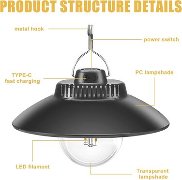 Акумуляторний кемпінговий ліхтар, 2 світлодіодні кемпінгові ліхтарі з гачком, водонепроникний, USB-акумуляторний кемпінговий ліхтар, підвісний світлодіодний кемпінговий ліхтар, ліхтар для кемпінгового намету для надзвичайних ситуацій у кемпінгу