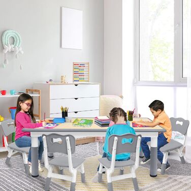 Дитячий стіл AufuN з 4 стільцями, комплект дитячих сидінь з регульованою висотою, комплект столу та стільців для дитячого садка та дитячої кімнати, простий у догляді стіл для малювання для класних кімнат, пластикові дитячі меблі, сірий