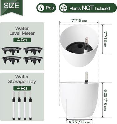 Квітковий горщик із самополивом 18 см з індикатором води, набір з 4 білих квіткових горщиків, самополивний кашпо з резервуаром для води для використання в приміщенні та на вулиці, білий, 18,5*16 см, 4U