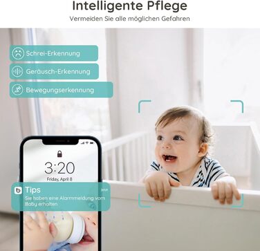 Радіоняня BOIFUN 2K із додатком камери, виявлення плачу/руху/шуму, інтелектуальне нічне бачення, автоматичне відстеження, PTZ 345/