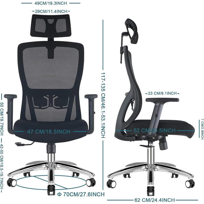 Ергономічне офісне крісло, стілець для роботи, офісне крісло з підголівником, підлокітниками, поперековою опорою, регулюванням висоти, гойданням 90-120, обертовим кріслом, вантажопідйомність 150 кг 01