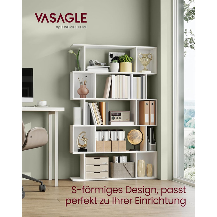 Рівнева книжкова полиця, окремостояча полиця, 24 x 90 x 159 см, полиця для зберігання з відкритими відділеннями, для вітальні, спальні, кабінету, матово-білий LBC416W01, 5-