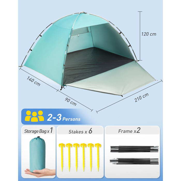 Намет Forceatt Beach Shelter, портативний надлегкий пляжний намет, сонцезахисний намет для 3-4 осіб, із захистом від ультрафіолету 50, легке встановлення, для сім&39ї, пляжу, саду, кемпінгу, світло-зелений